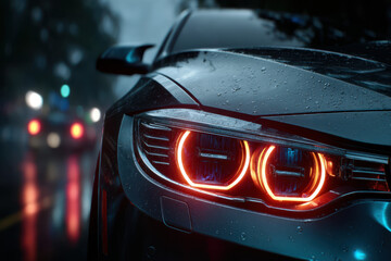 Obraz premium Modern car parked on a rainy street with illuminated headlights at dusk