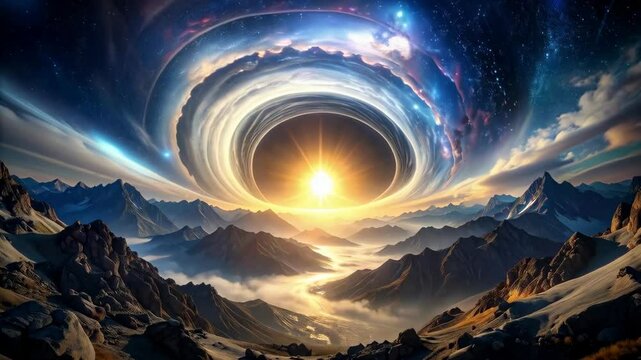 Dramatic mountain landscape under swirling vortex to bright sunburst, a portal to another dimension with stars and nebula