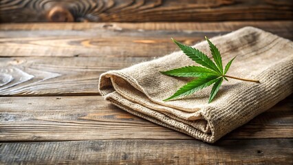 Green cannabis leaf resting on folded burlap fabric on a rustic wooden surface.jpg