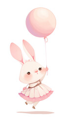 風船をそっと抱えて浮かぶうさぎのキャラクターイラスト、可愛い動物モチーフ、癒し系バルーンアート、キッズ向けグリーティングカードや誕生日素材に最適