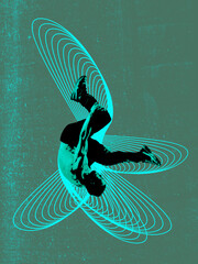 Power of coordination. Freestyle dancer is captured in mid-air, surrounded by abstract geometric...