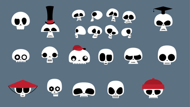 Assorted vector skull shapes with different expressions, personalities and hats.