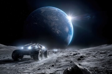 Exploring the lunar surface with futuristic vehicles under an earthrise