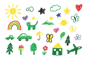 Whimsical Crayon Doodle: A delightful collection of vibrant crayon doodles, showcasing an array of playful objects against a bright, creative expression.