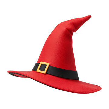 A vibrant red witch hat with a black belt and yellow buckle stands out against a transparent backdrop.