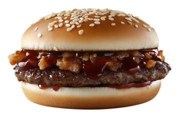 Classic beef burger with sesame seed bun isolated on a transparent background 