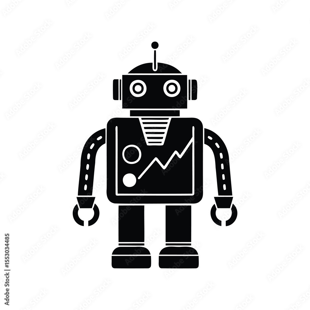 Poster retro style robot icon displaying financial growth chart for business analysis