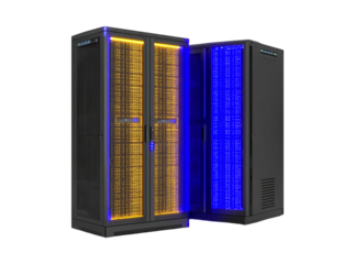 Illuminated data center server racks network technology, Isolated On Transparent Background