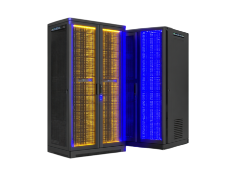 Illuminated data center server racks network technology, Isolated On Transparent Background