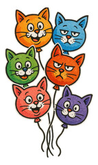 Obraz premium Illustration of colorful cat balloons with various facial expressions, featuring orange, blue, green, red, and purple colors, suitable for playful and festive designs.