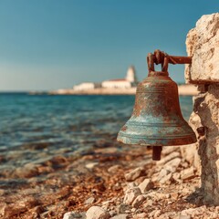 An old, rusty bell hangs by the sea, evoking a sense of history and nostalgia, against a clear sky and the shimmering water. A bell that resonates across time.