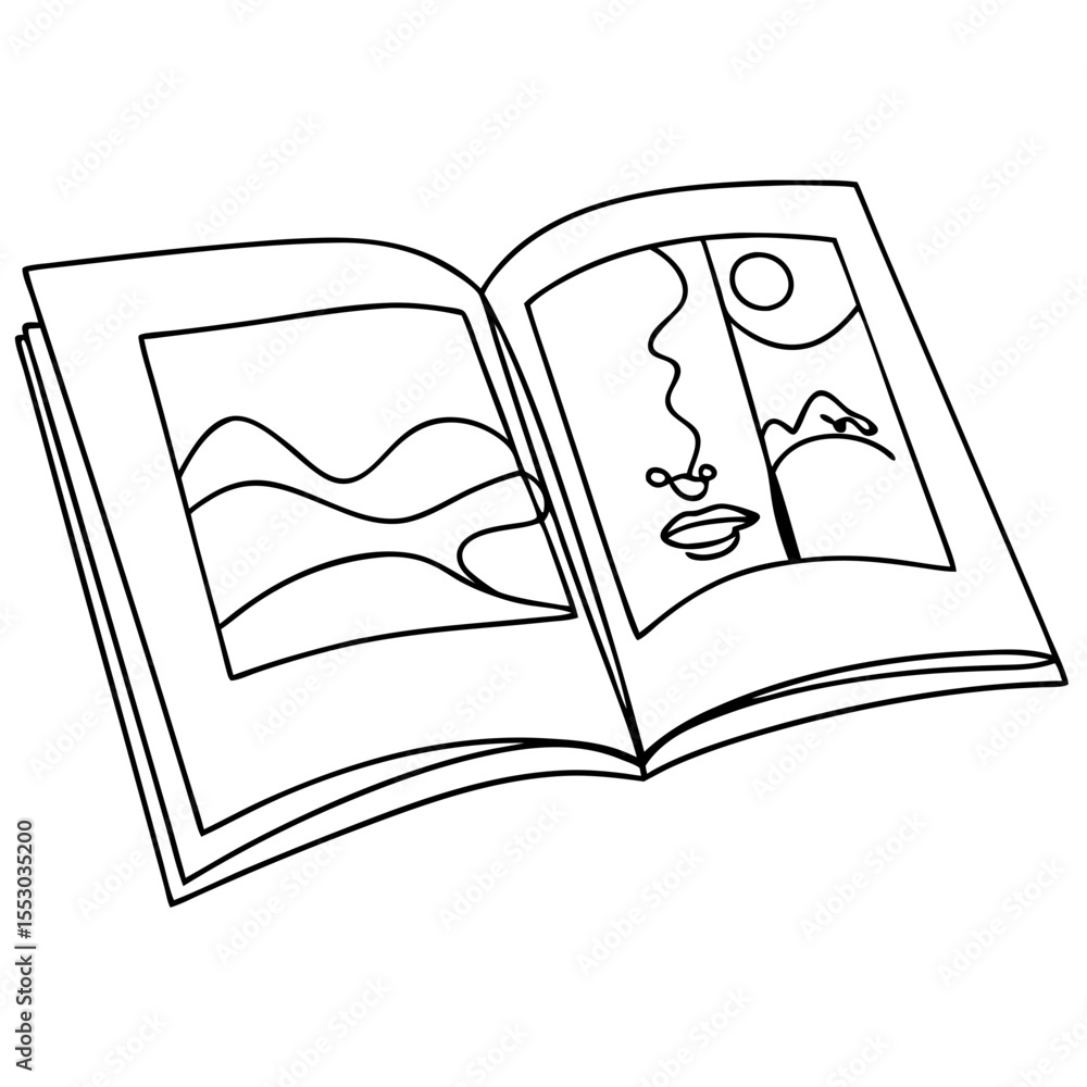 Poster open sketchbook with landscape and portrait sketches. simple line art drawings inside sketchbook sho