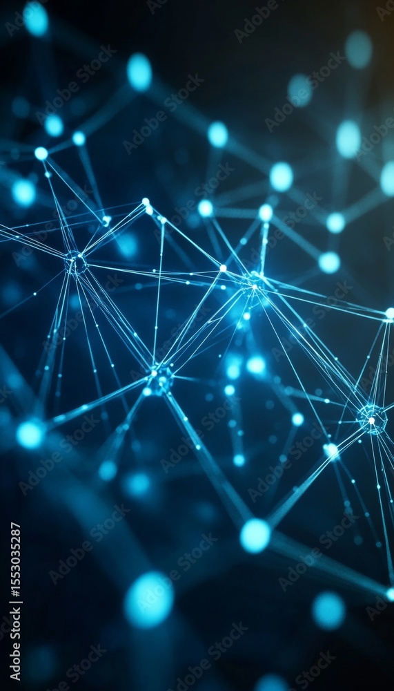 Poster futuristic blue polygonal design with interconnected nodes representing global network connections
