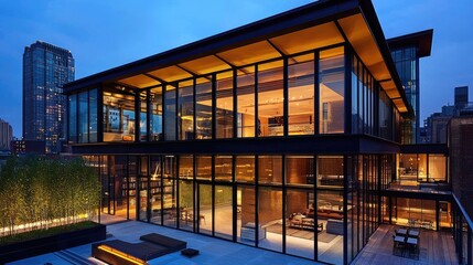 Obraz premium Modern penthouse apartment complex at dusk.