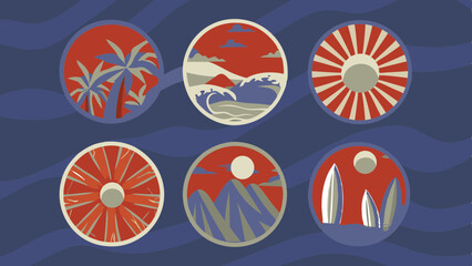 A vibrant set of six circular illustrations showcasing tropical landscapes and sun motifs.