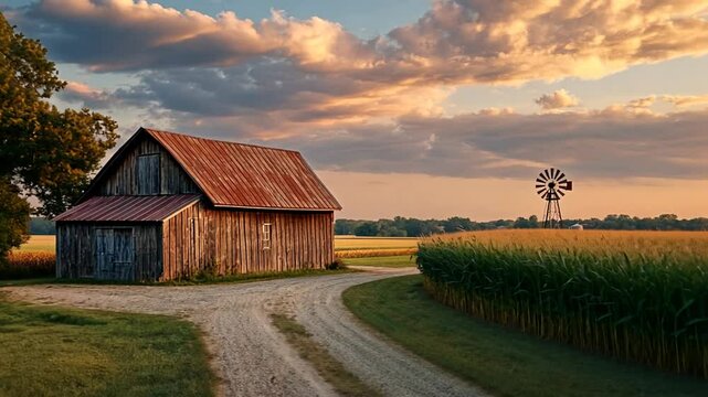 Rural scene barn, cornfield, windmill, under sunset clouds