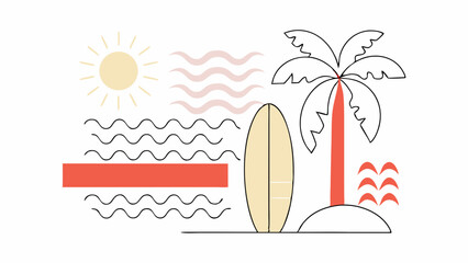 Stylized graphic of a palm tree, surfboard, and sun, evoking a vibrant beach atmosphere.
