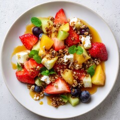 A colorful and delicious fruit salad served on a plate. The salad is garnished with mint leaves, the plate is filled with variety of fruits