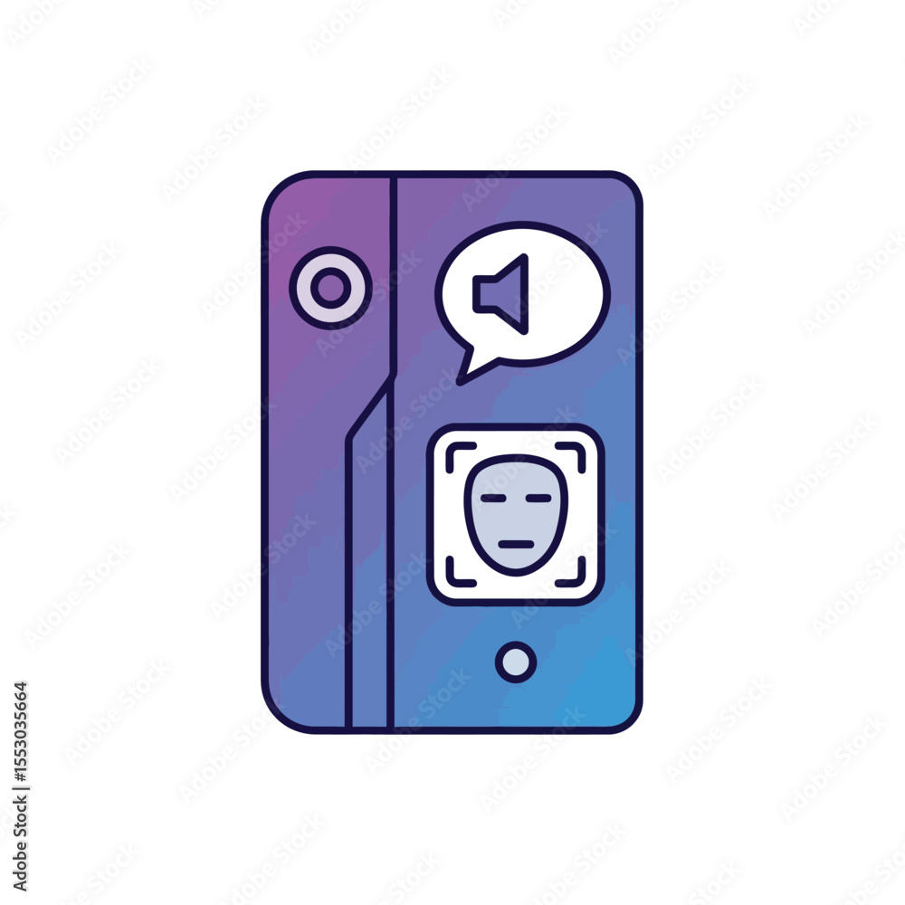 Poster purple and blue smartphone interface showing facial recognition mute icon and circular buttons user 