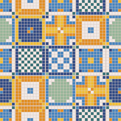 Colorful pixel art mosaic creating seamless pattern with vibrant, decorative surface, suitable for design backgrounds, textiles, digital projects, vector
