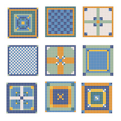 Colorful pixel art mosaic tiles set, vector pixel art, vintage
