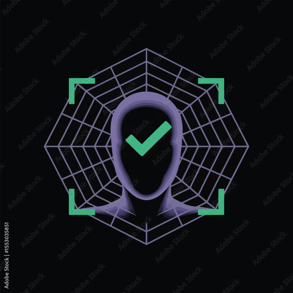 Poster purple head silhouette with green checkmark inside hexagonal web pattern on black background 3 d ren