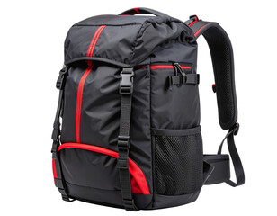  Side Profile of Black Hiking Backpack with Red Accents isolated on transparent background PNG