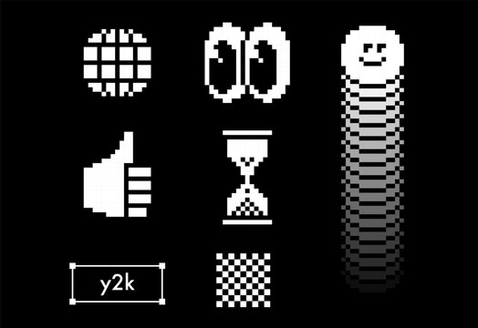 Pixel 8 bit style emoticon collection on black. Wire planet icon, wide googly eyes, checkered pixelated pattern, hourglass, thumbs up, snake made of a lot of smile icon. Cool retro nostalgic elements