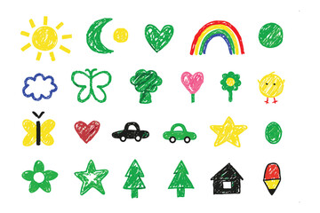 Artistic Doodles: Delightful crayon doodles, featuring an array of charming objects like hearts, stars, rainbows, suns, clouds, butterflies, flowers, trees, and vehicles.