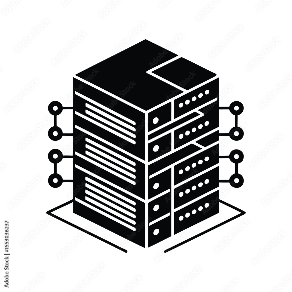 Poster isometric server rack with connectivity nodes and base frame illustration