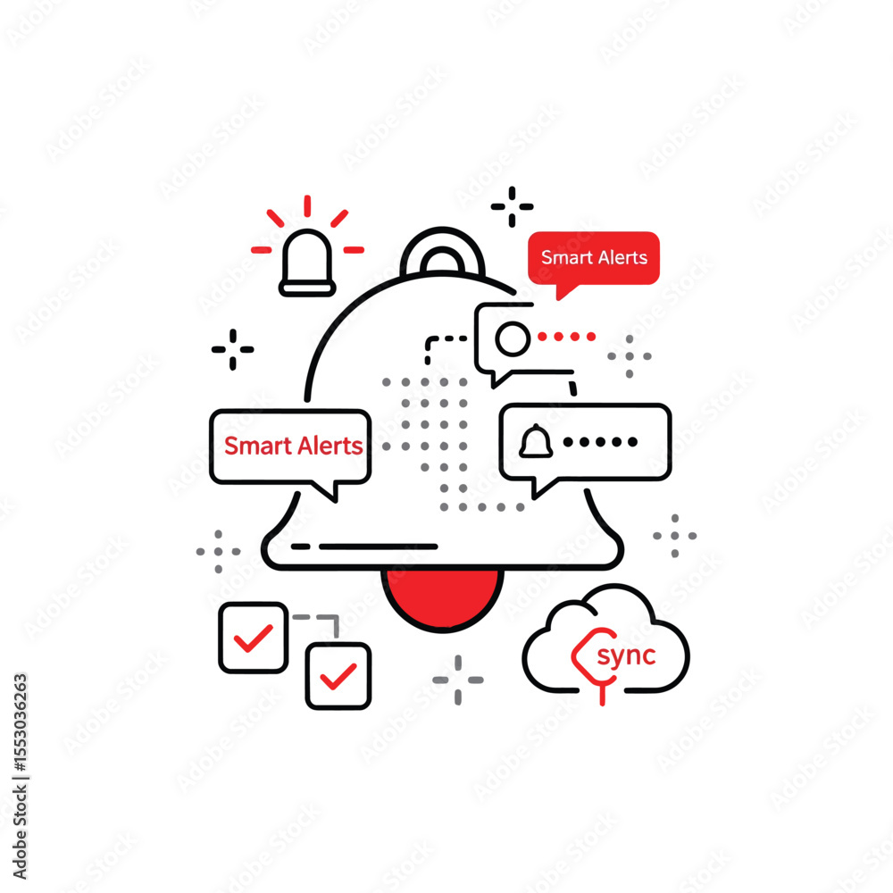 Poster red and black line art illustration of a bell with smart alerts notification system checkmarks and s