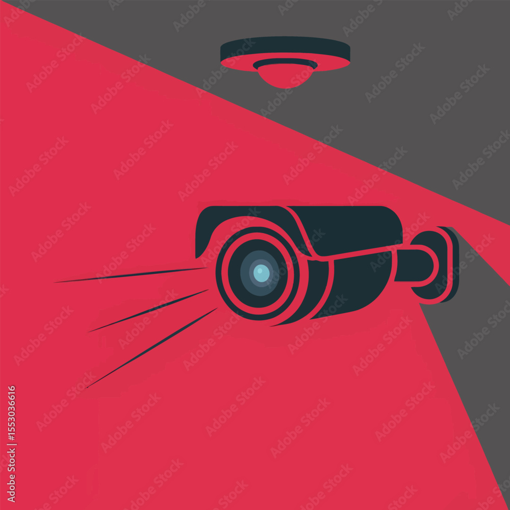Poster red and gray background with black security camera and ceiling sensor illustrating surveillance tech