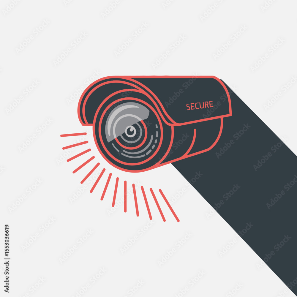Poster red and dark gray security camera icon illustration with red rays indicating surveillance area secur