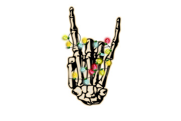 Illustration of a skeleton hand making a rock and roll gesture with christmas lights, isolated on transparent background