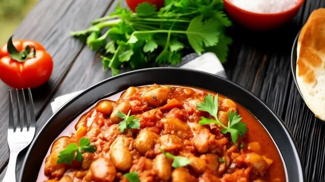 Delicious stewed beans with fresh tomato sauce in black bowl on a wooden table, garnished with parsley and fresh bread