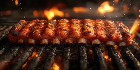 Grilling delicious barbecue ribs over open flame in a backyard setting on a summer evening