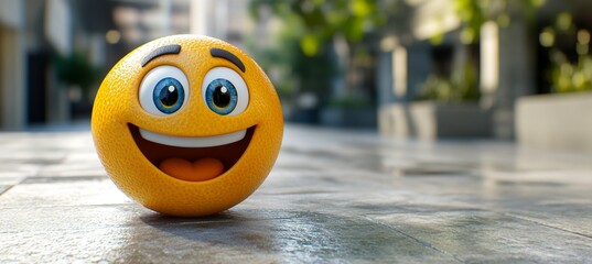 Happy 3D Yellow Smiley Emoji Sitting on Stone Texture Walkway with Blurred Town Background