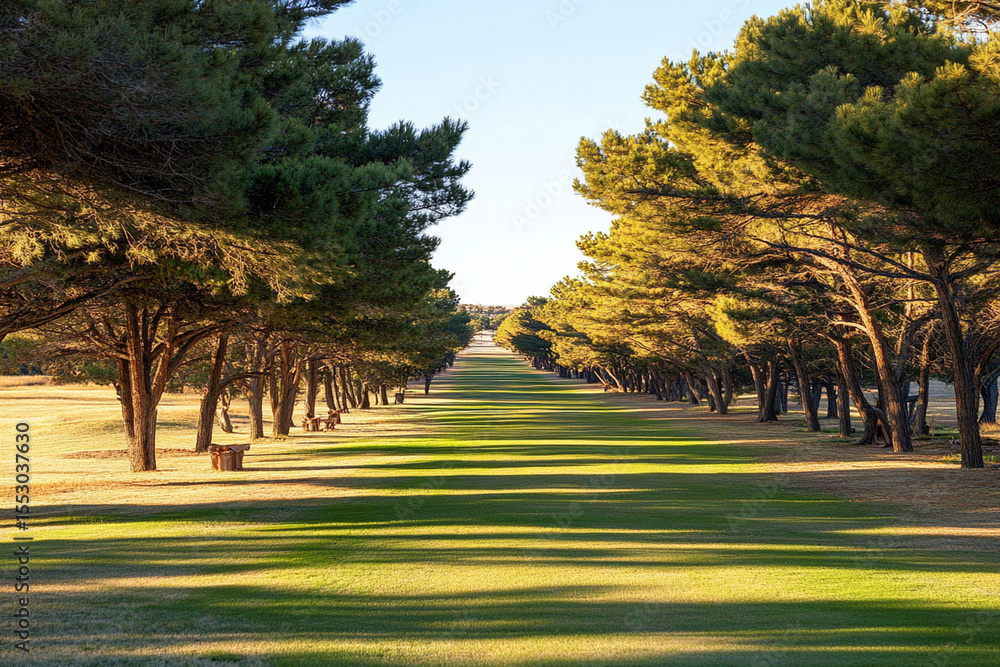 Poster sunlight illuminating a path through tall pine trees in nature