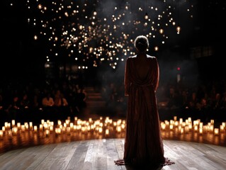 Woman stands on a stage in front of a crowd of people