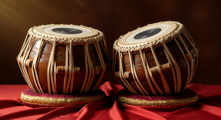Traditional tabla drums on red fabric for Indian Independence Day musical performances, cultural exhibitions, and classical concerts