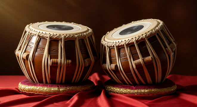 Traditional tabla drums on red fabric for Indian Independence Day musical performances, cultural exhibitions, and classical concerts