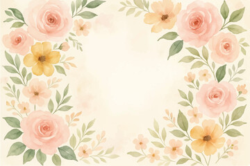 Vintage floral background with romantic pink roses, elegant frame, and decorative hearts for a wedding or Valentine's Day card design