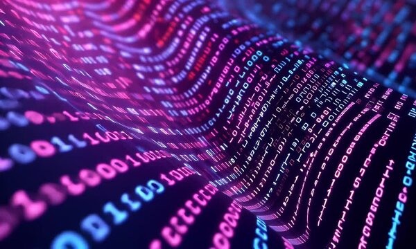Abstract Digital Code Wave: Pink, Purple, and Blue Neon Glowing Data Stream