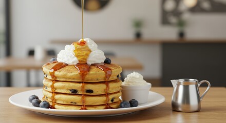 Indulge in a stack of fluffy blueberry pancakes, drizzled with golden syrup and topped with creamy whipped cream.