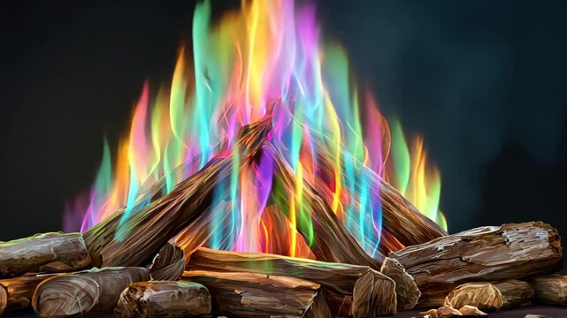 Colorful campfire logs with rainbow flames on a dark background