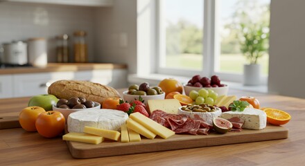 Gourmet Cheese and Fruit Platter on Rustic Wooden Board
