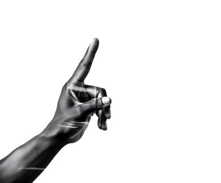 A grayscale image of a hand pointing upwards against a black background with blurred motion effect on white background