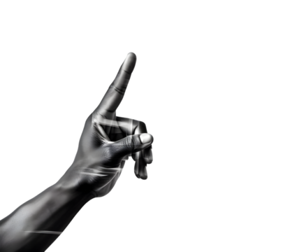 A grayscale image of a hand pointing upwards against a black background with blurred motion effect on white background