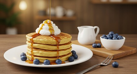 Golden Pancakes Drizzled with Maple Syrup and Fresh Blueberries