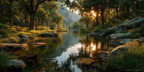 Obraz premium Serene riverside landscape with lush greenery and sunlight reflecting on calm water at dawn